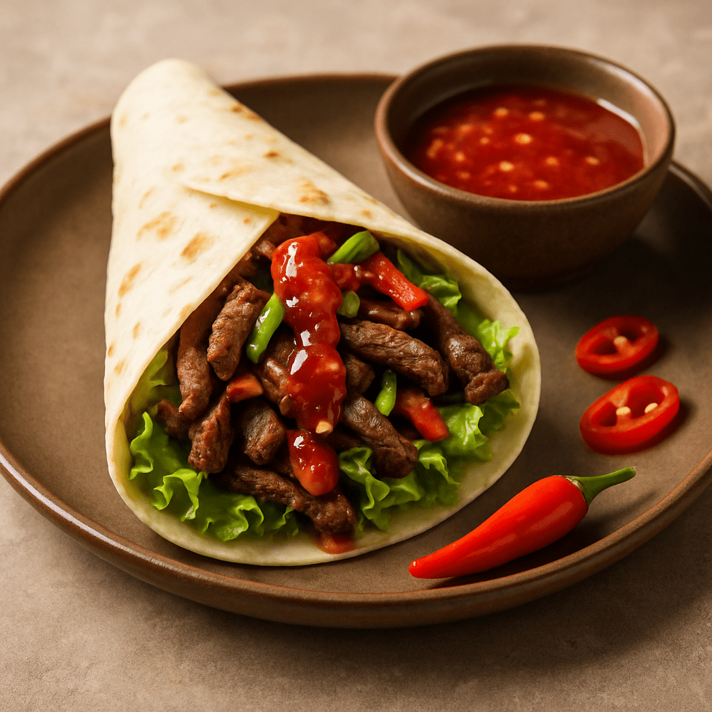 Pittige wrap met rundvlees en chilisaus
