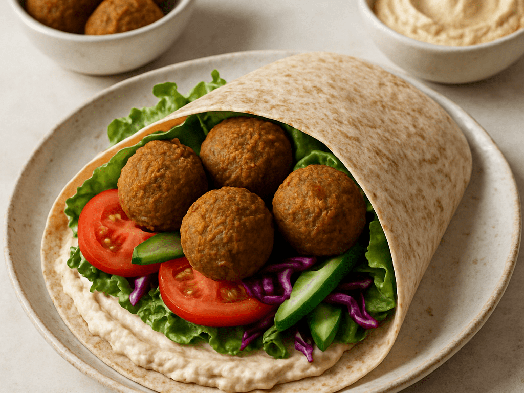 Vegan wrap met falafel en hummus