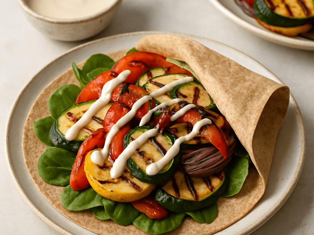 Vegan wrap met gegrilde groenten en tahinsaus