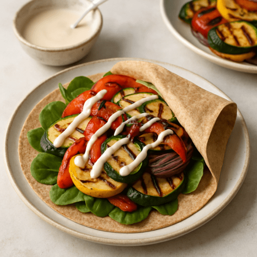 Vegan wrap met gegrilde groenten en tahinsaus