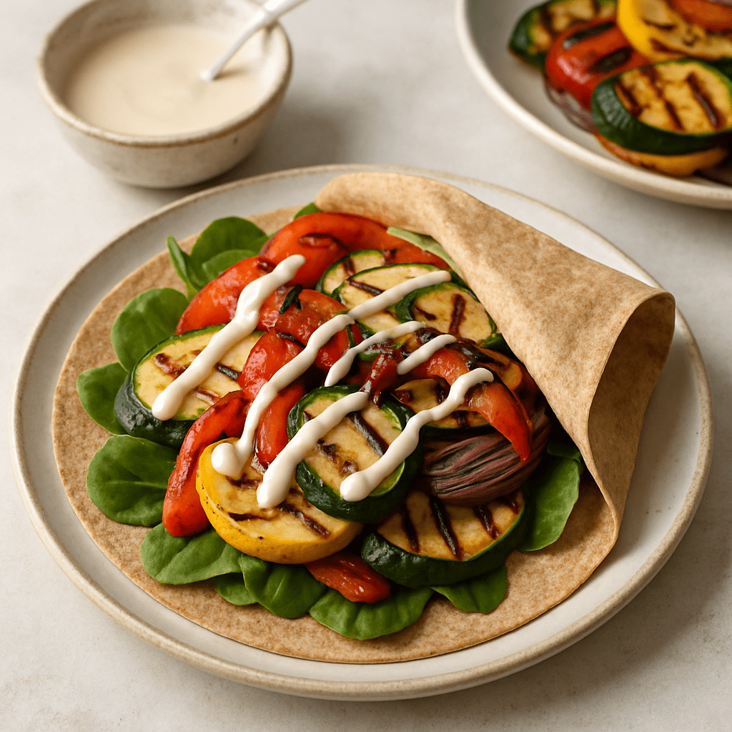 Vegan wrap met gegrilde groenten en tahinsaus