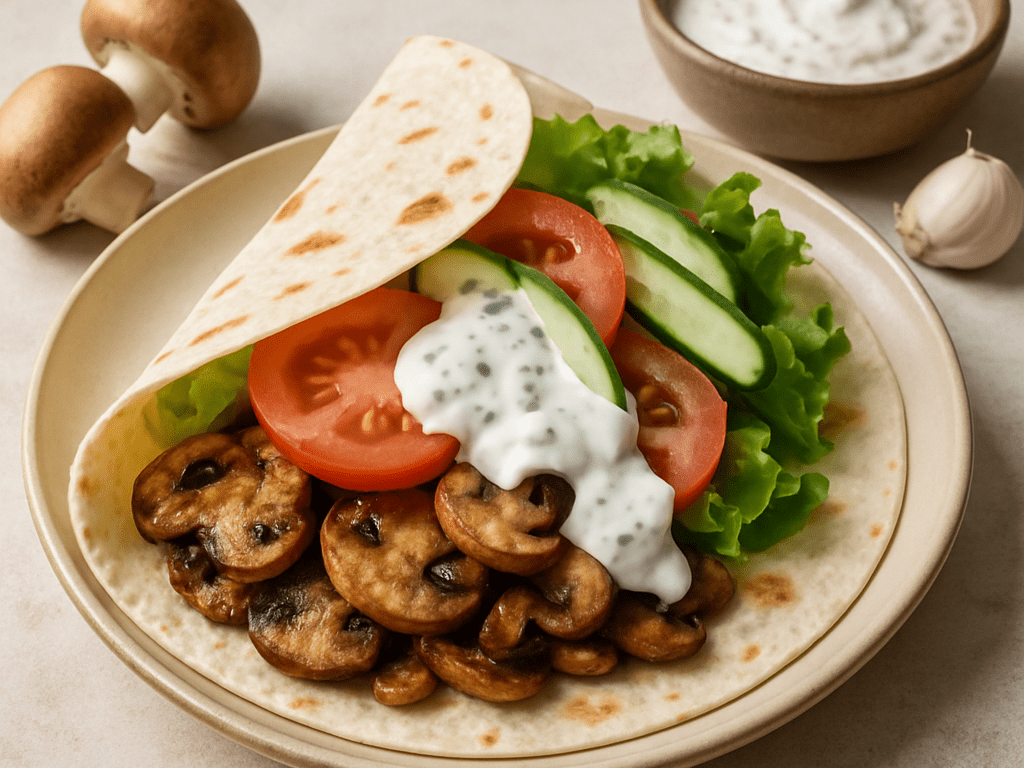 Vegetarische wrap met paddenstoelen en knoflooksaus