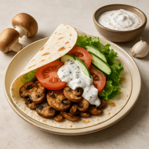 Vegetarische wrap met paddenstoelen en knoflooksaus