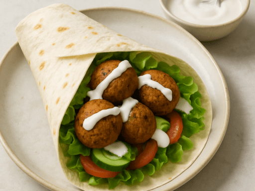 Wrap met falafel en sla en yoghurtsaus
