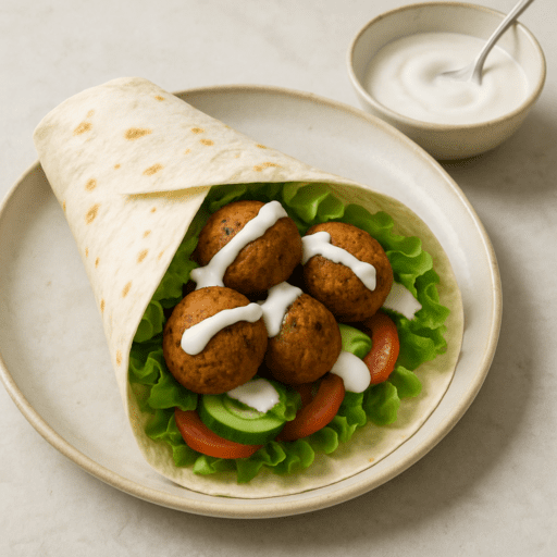 Wrap met falafel en sla en yoghurtsaus