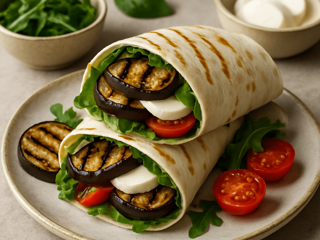 Wrap met gegrilde aubergine en mozzarella