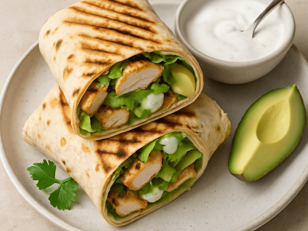 Wrap met gegrilde kip en avocado en yoghurtsaus