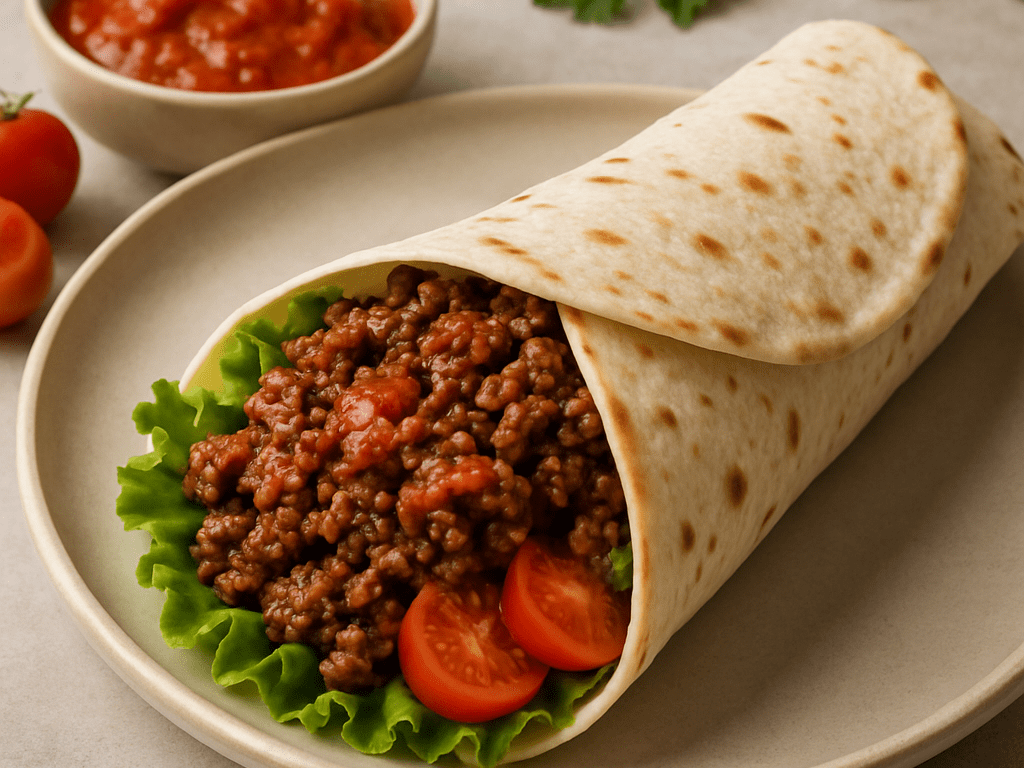 Wrap met rundergehakt en tomatensaus