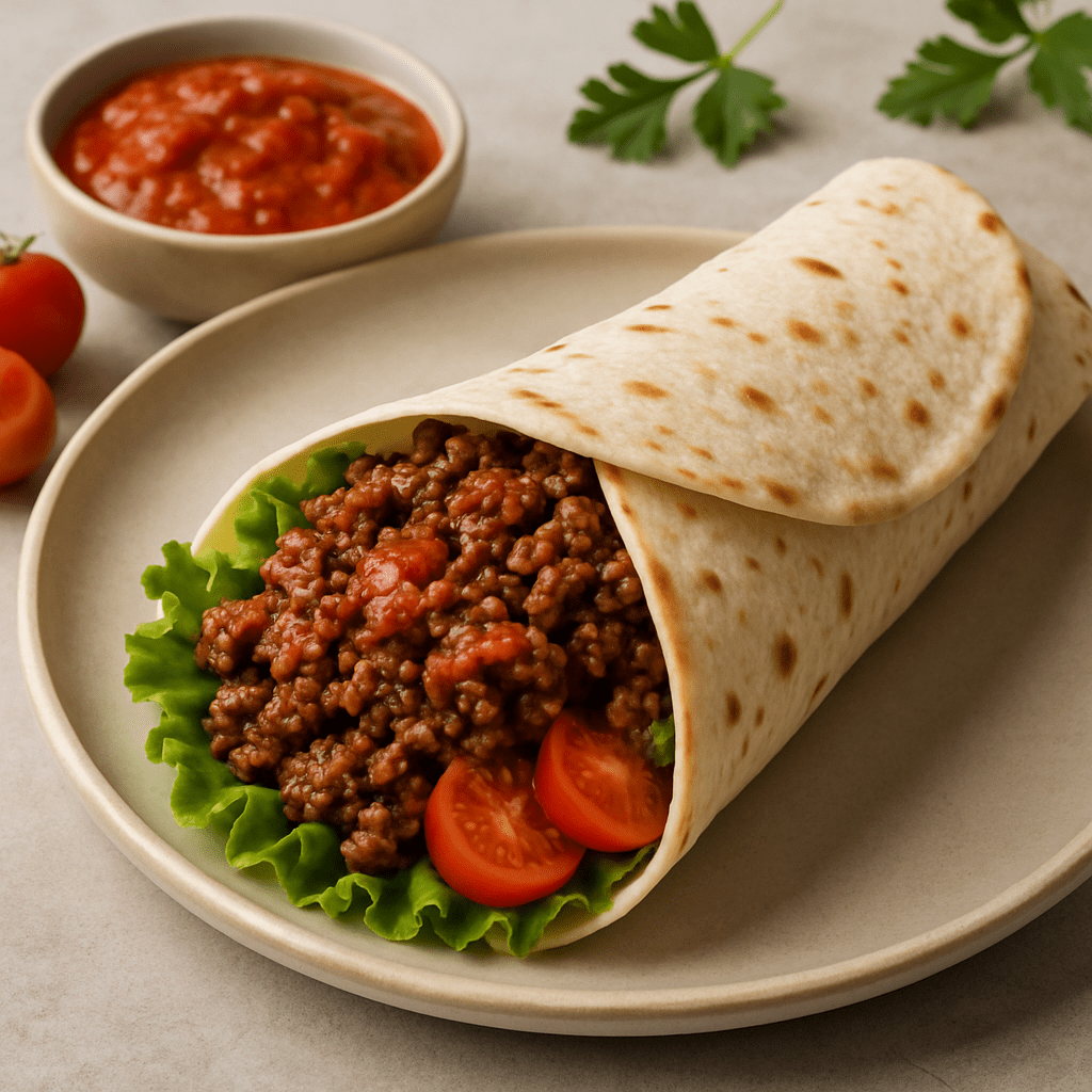 Wrap met rundergehakt en tomatensaus