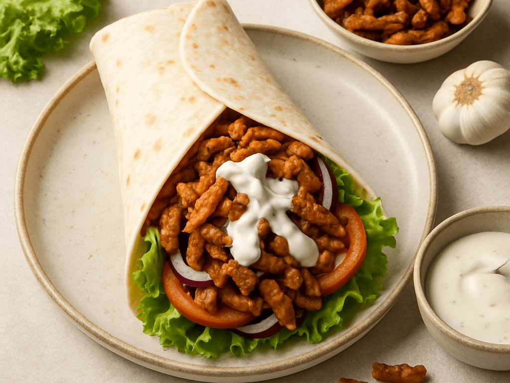 Wrap met vegan shoarma en knoflooksaus