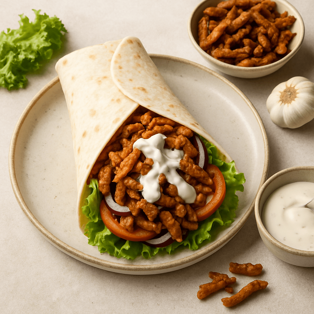 Wrap met vegan shoarma en knoflooksaus