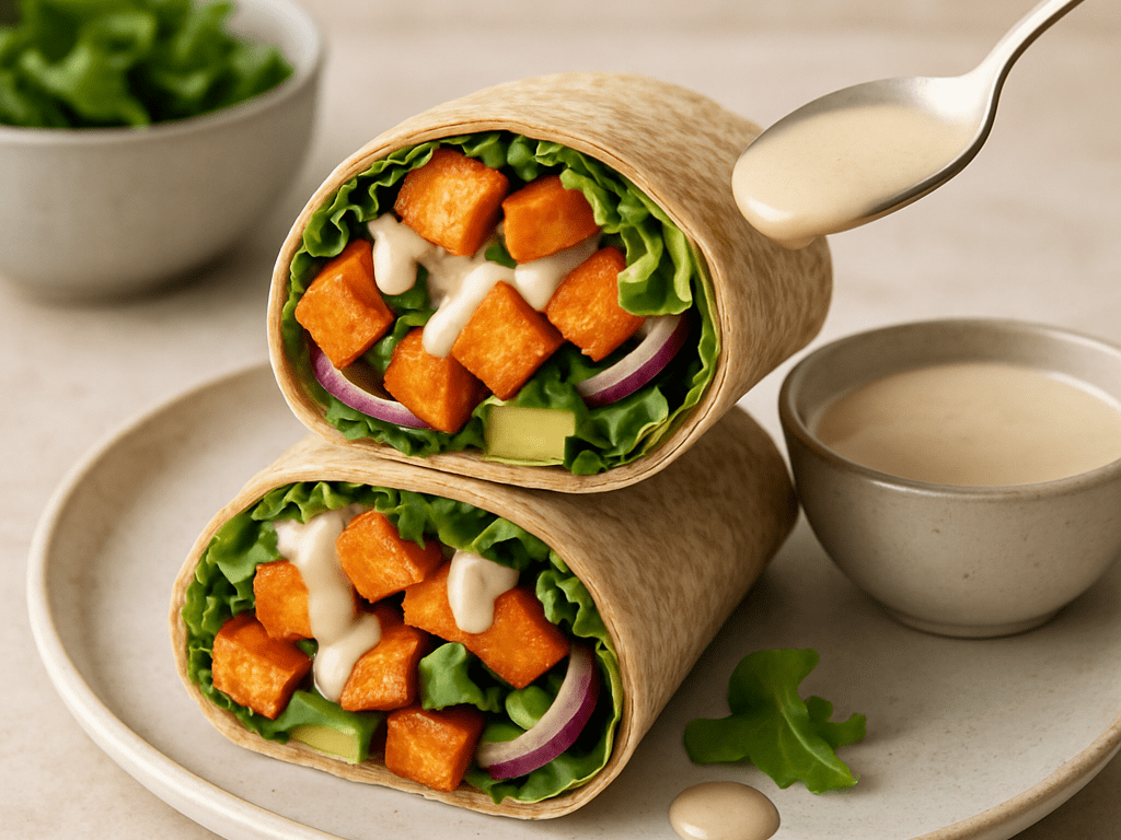 Wrap met zoete aardappel en tahinsaus